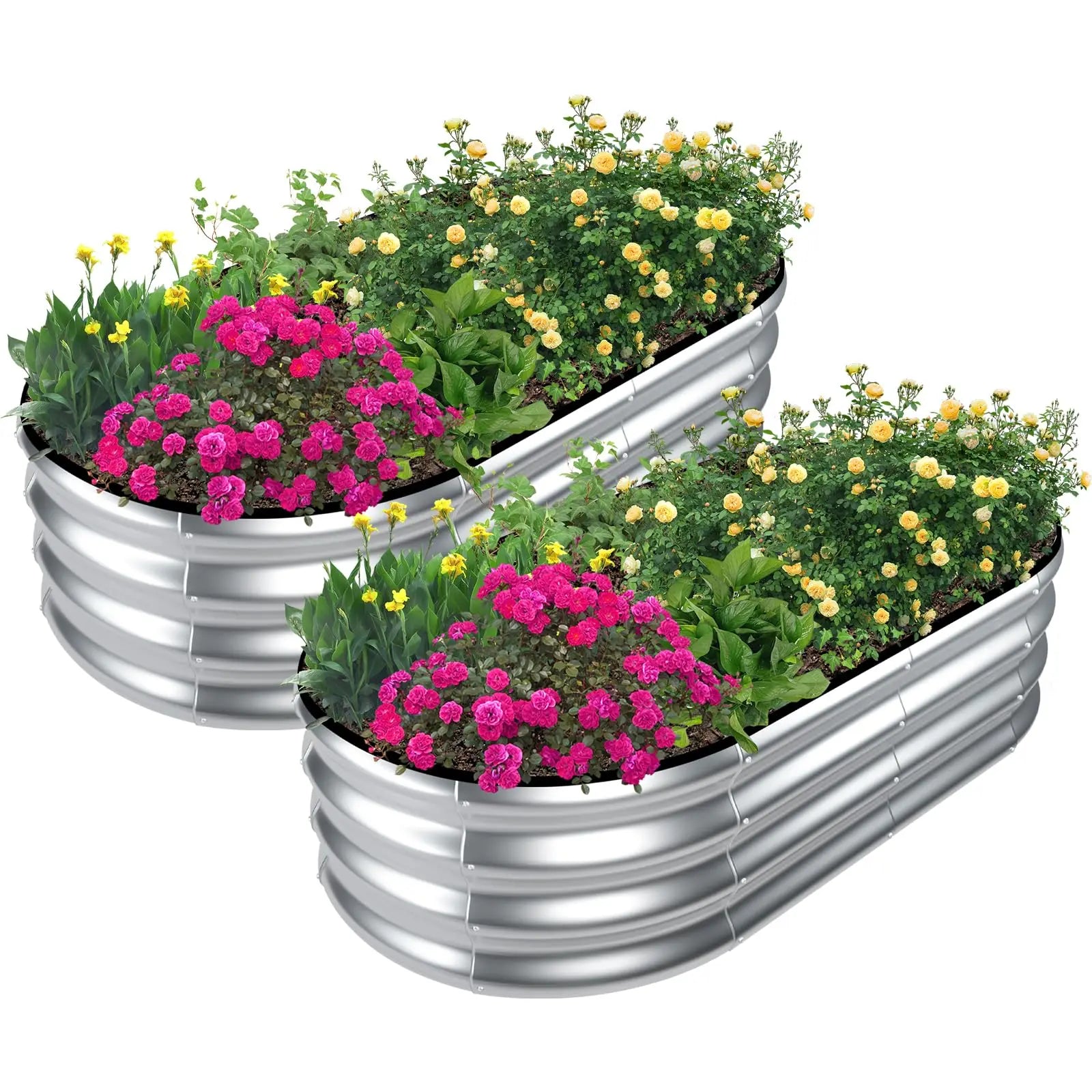 2PCS 4×2×1FT Galvanized Oval Raised Garden Bed, Flowers, Easy Assembly Outdoor Gardening Elevated Flower Box (No Bottom)