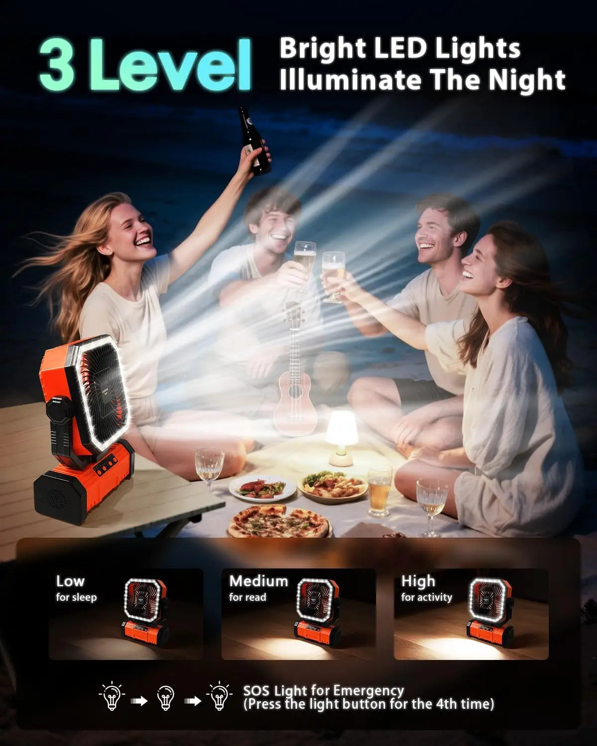20000mAh Portable Camping Fan With 4 Speeds LED lights