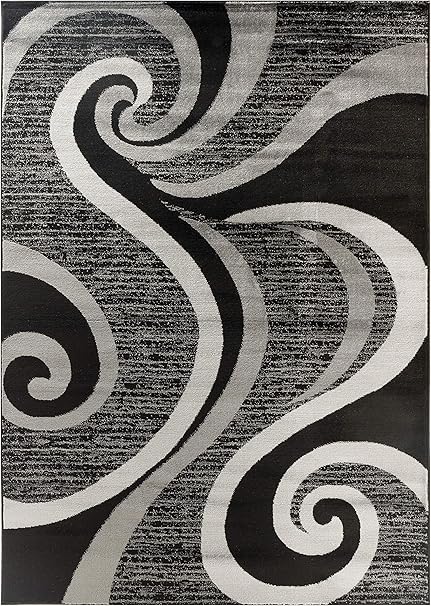 Modern Area Rug 8X10 Bla Gray Swirls Carpet Contemporary Dining Accent Sevilla Collection 4817A (8X10,