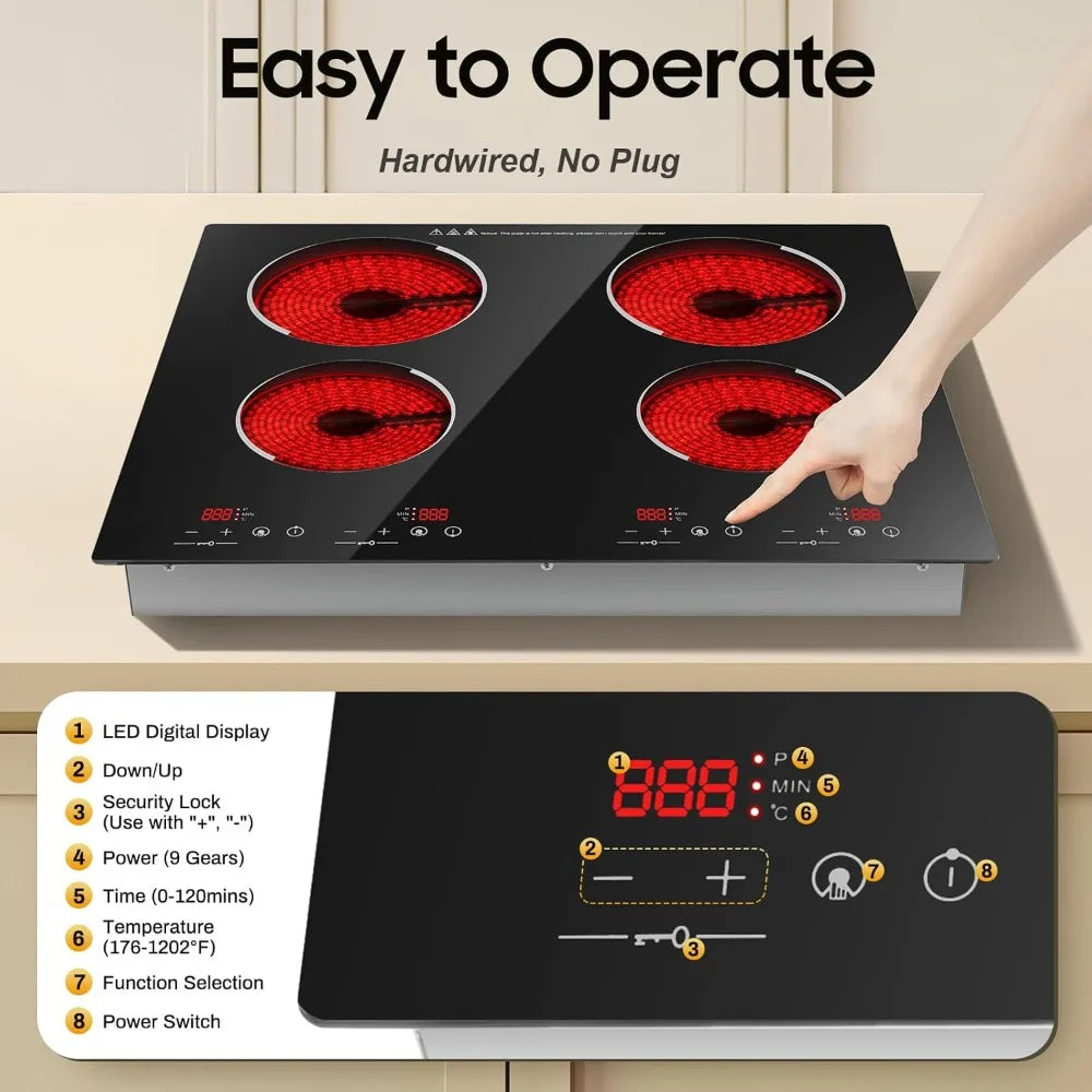 4 Burner Portable Cooktop with LED Display 3000W Electric Ceramic Built in Stove Top with Child Safety Lock and Timer