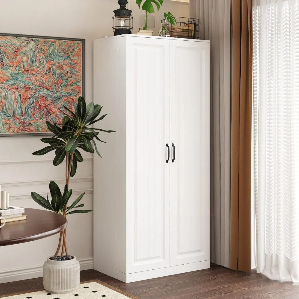 Kitchen Pantry Storage Cabinet with Doors and Shelves, Rotating Racks, Tall Pantry Cabinet Cupboard with Door Racks, White, 19.