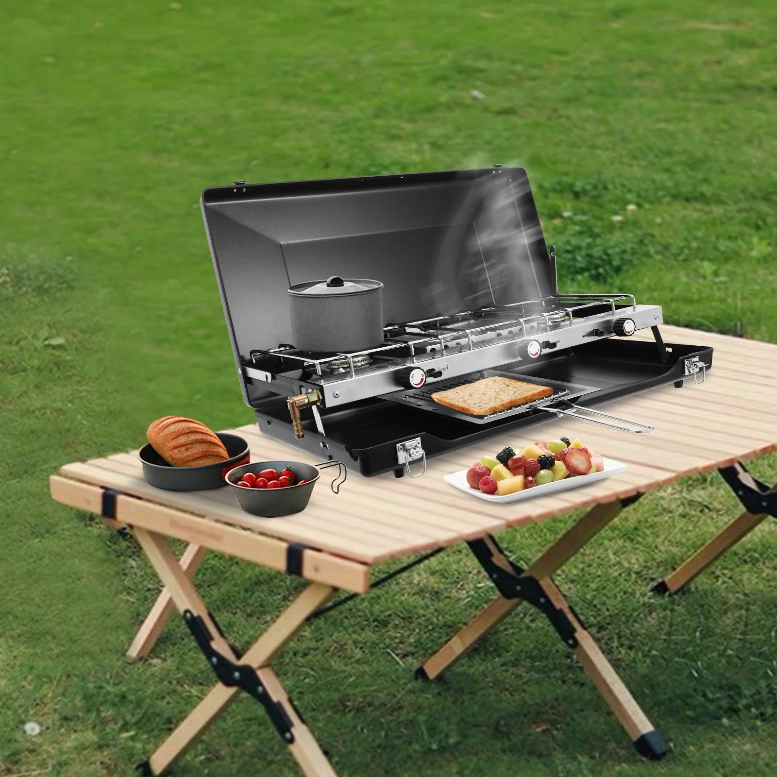Portable 3 burner Propane Gas Stove with Griddle