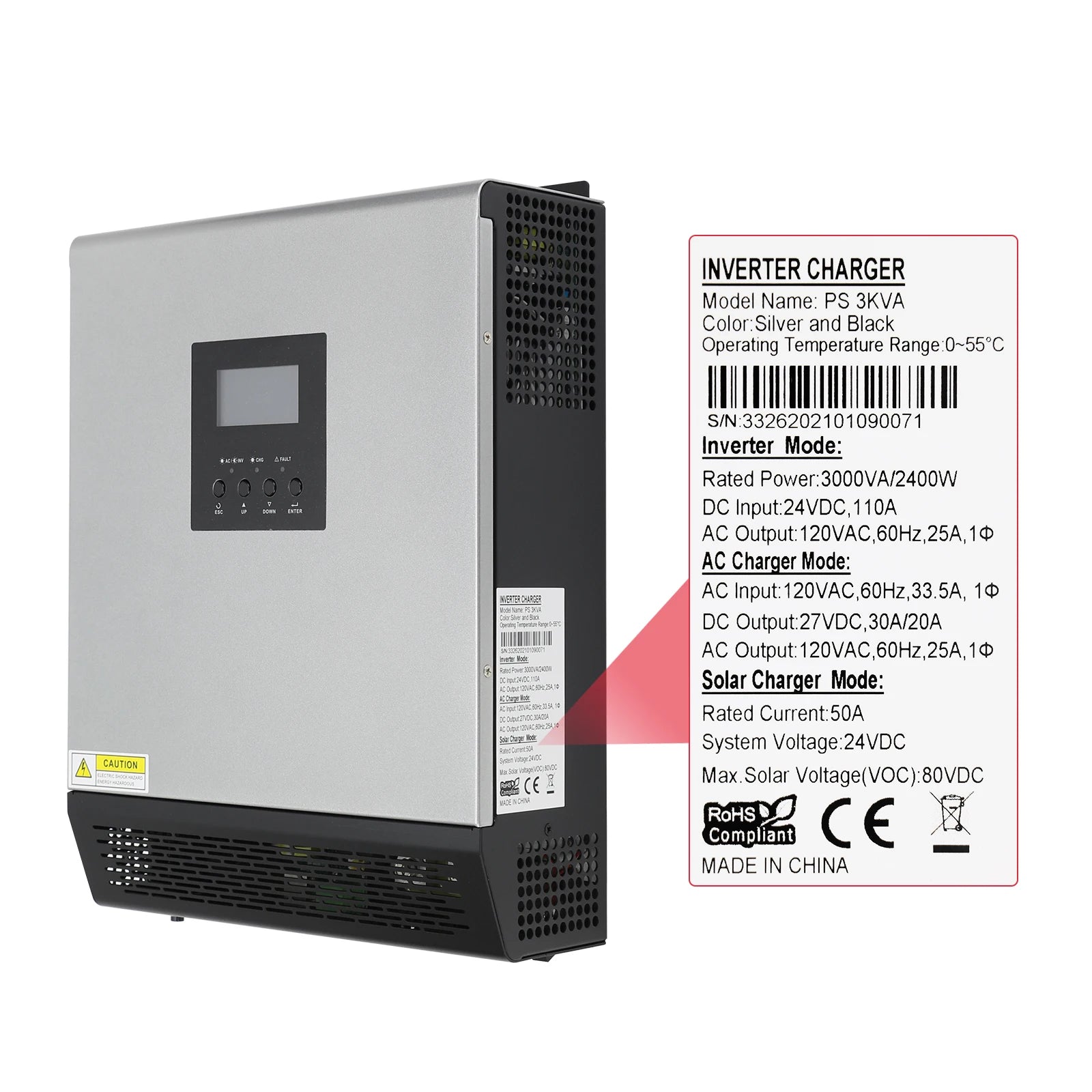 ECGSOLAX 2400W Hybrid Solar Inverter 24V 110V With PWM 50A Charging Controller Off-grid Solar Inverter 3000VA 120V Max PV 80VDC
