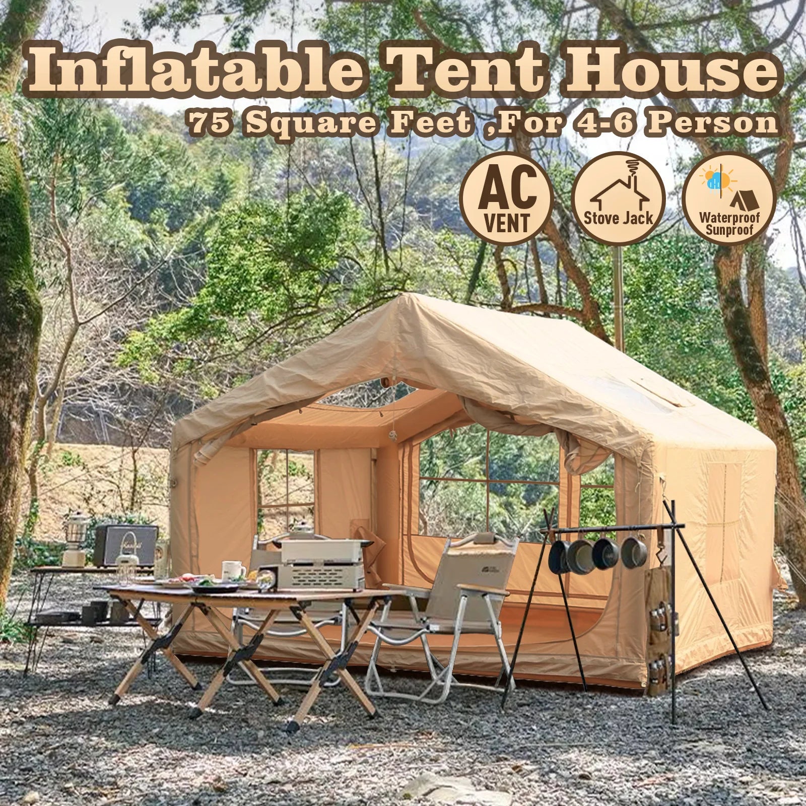 75 Square Feet Inflatable Tent with Chimney Stack, Waterproof, Windproof