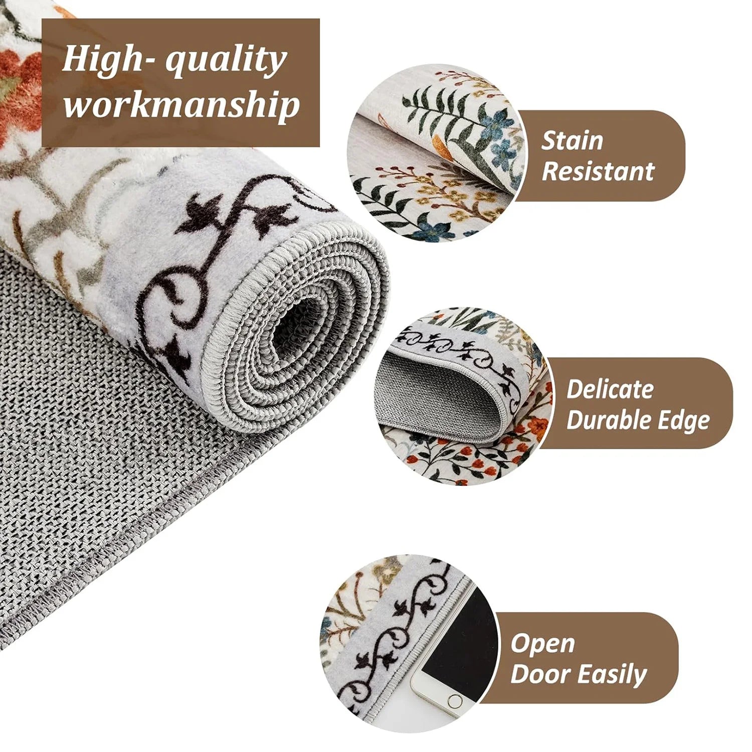 Washable Area Rugs for Living Room or Dining Room, Non-Slip Floral Rugs for Bedroom, Runner Rugs for Hallway.