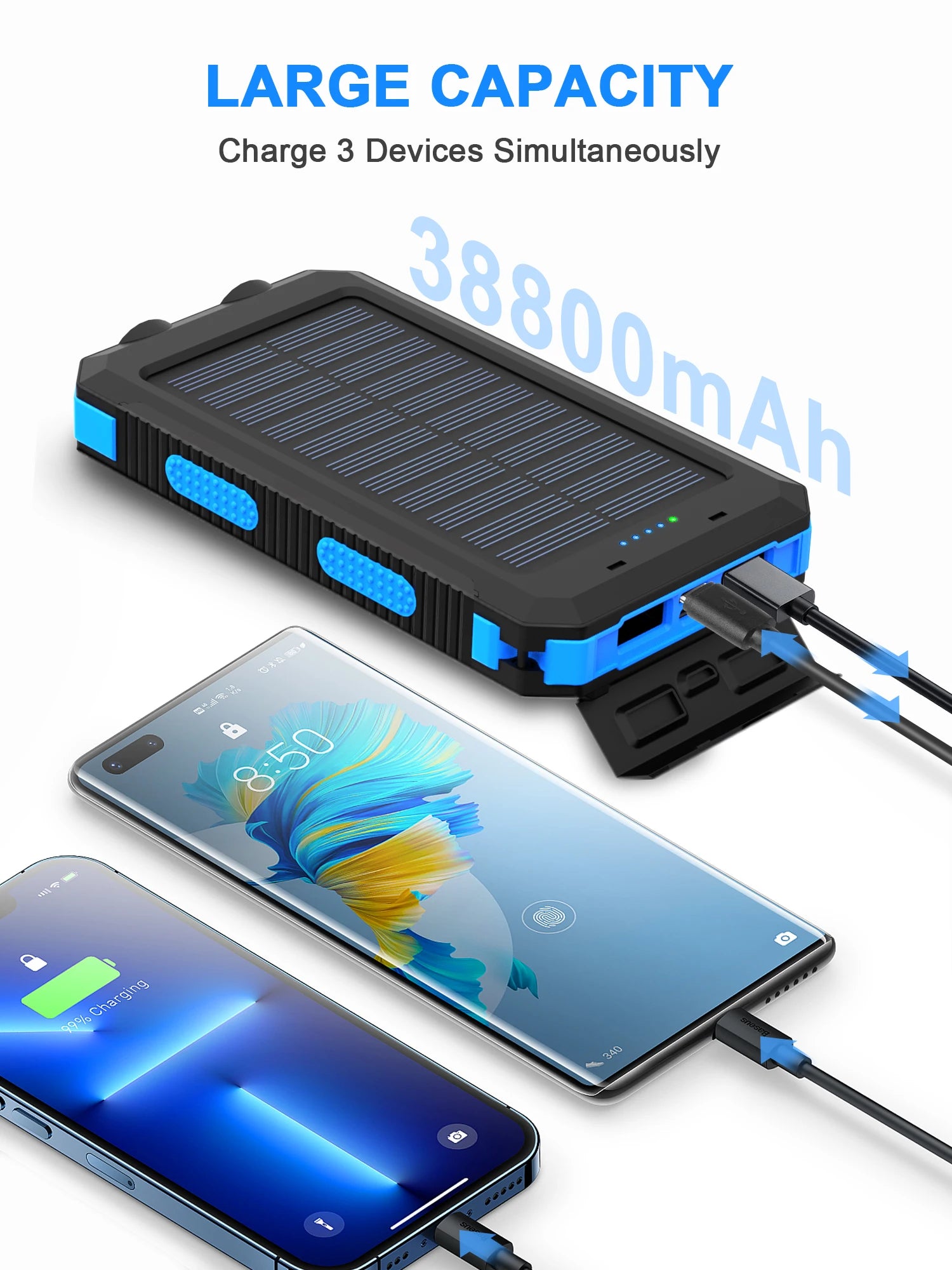 Solar power bank 38800mAh with built-in cable,
