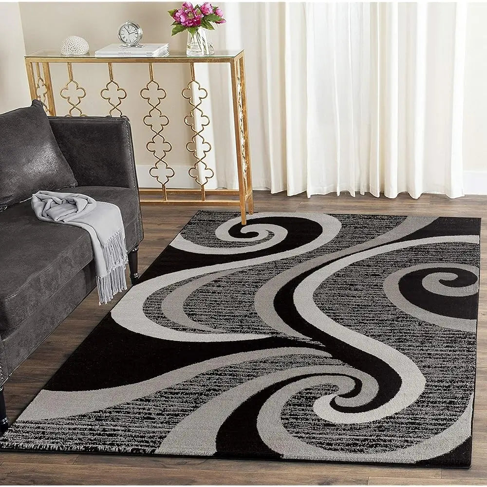 Modern Area Rug 8X10 Bla Gray Swirls Carpet Contemporary Dining Accent Sevilla Collection 4817A (8X10,
