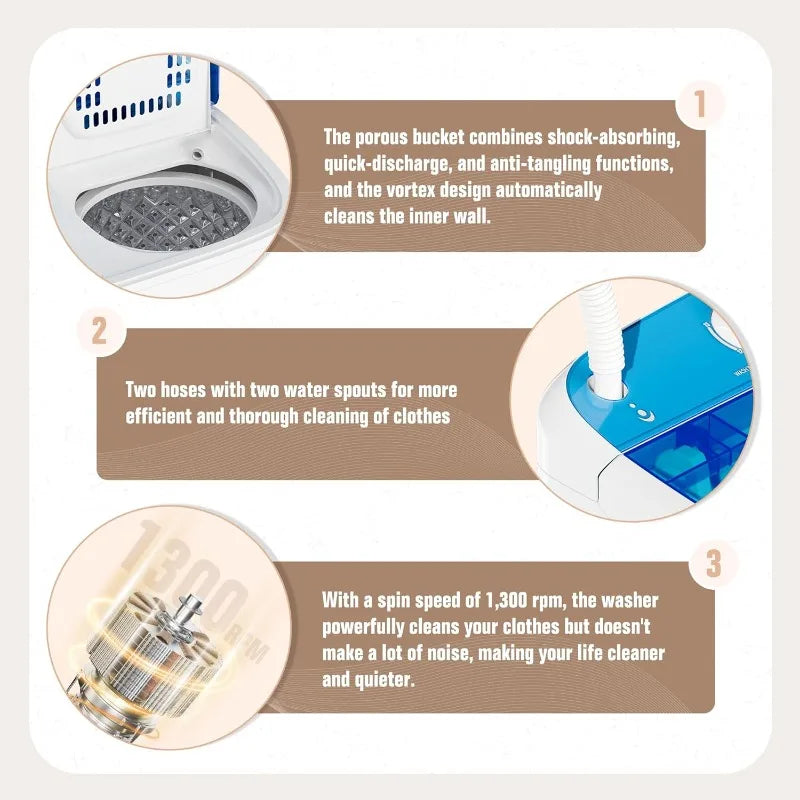 INTERGREAT Portable Washer and Dryer, 12.1lbs Mini Small Washing Machine Combo with Spin Dryer, Compact Twin Tub Laundry Washer