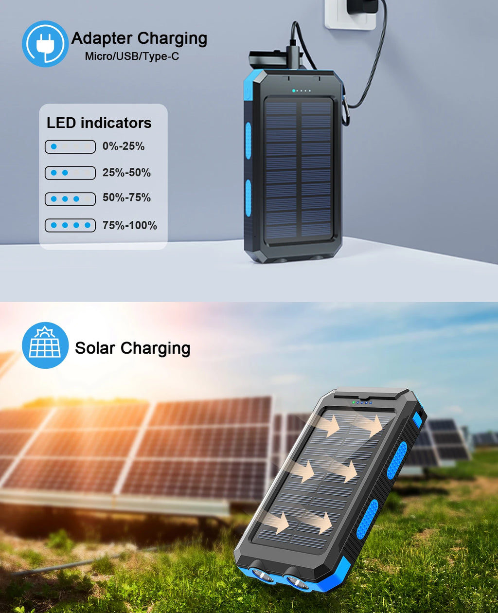 Solar power bank 38800mAh with built-in cable,