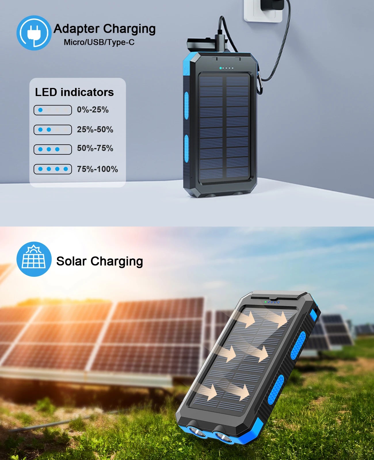 Solar power bank 38800mAh with built-in cable,