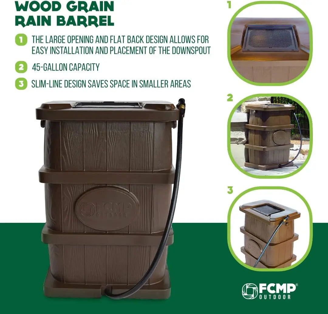 Slim Line Design 45-Gallon Wood Grain Outdoor Home Rain Water Catcher Barrel Flat Back Container with Spigots&Mesh Screen, Brown