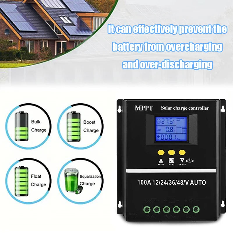 2pcs High Efficiency MPPT100A Solar Charge Controller with LED Display, Dual USB Ports, Suitable for 12V/24V/36V/48V System