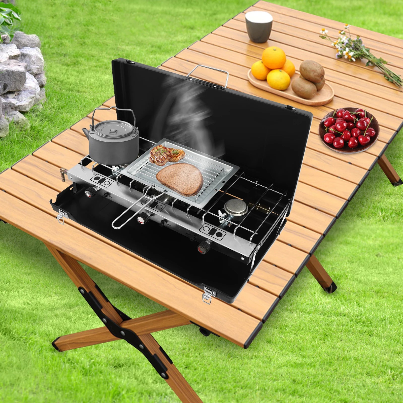 Portable 3 burner Propane Gas Stove with Griddle