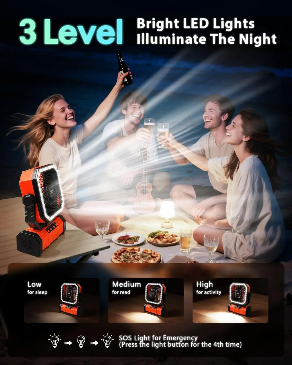 20000mAh Portable Camping Fan With 4 Speeds LED lights