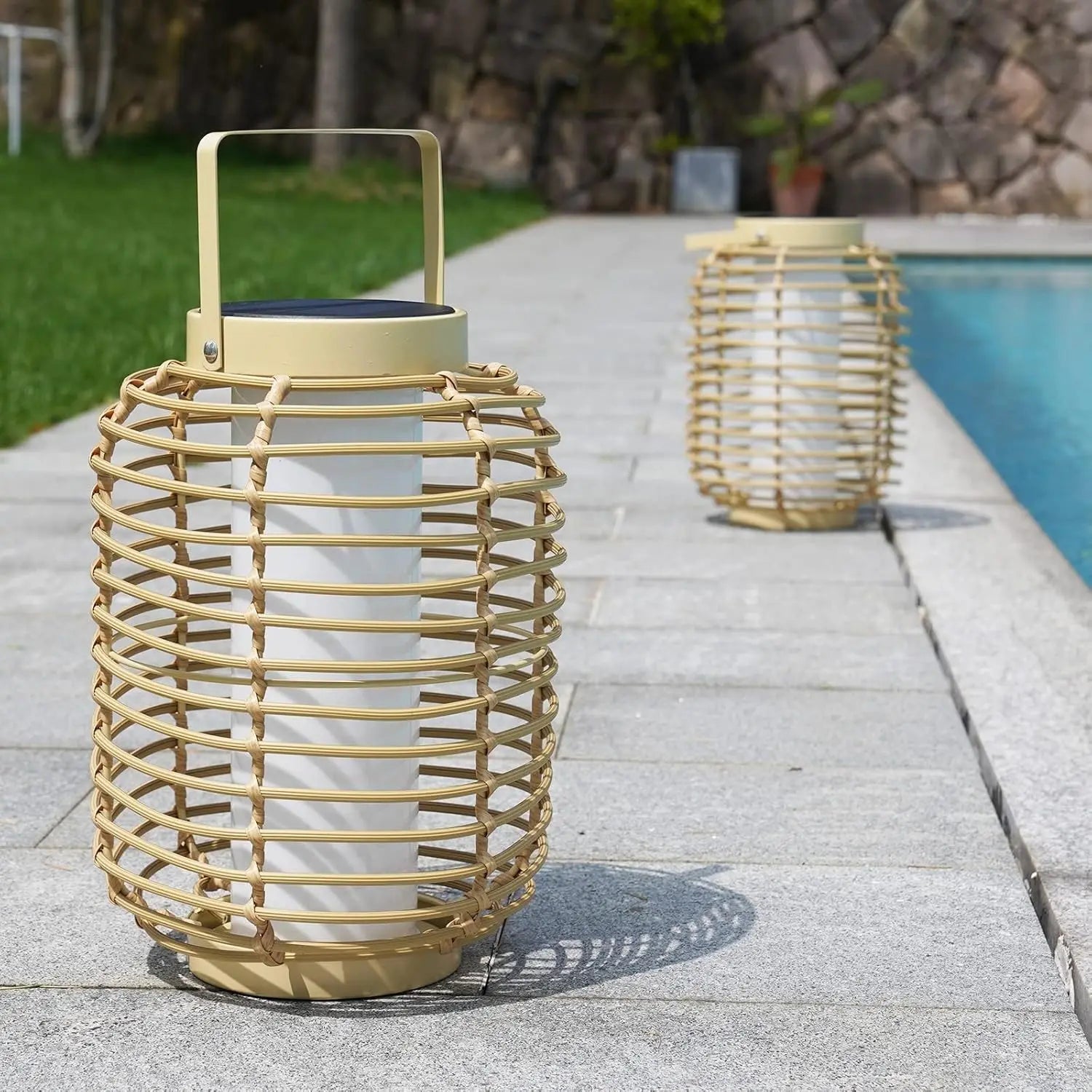 Outdoor Solar Powered Floor Lamp Set of 2, 14-inch Wicker LED Lamp,