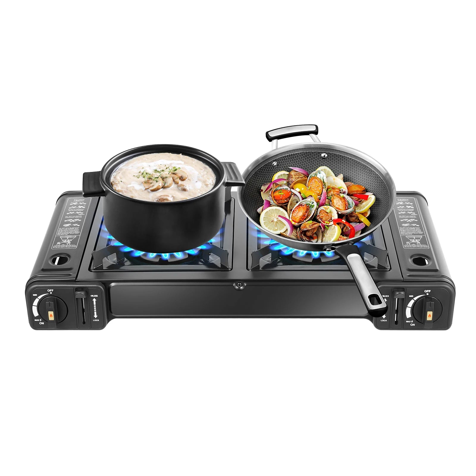 Portable 2in1 2-Burner Camping Stove w/Baking Pan and Carrying Case, Auto Ignition