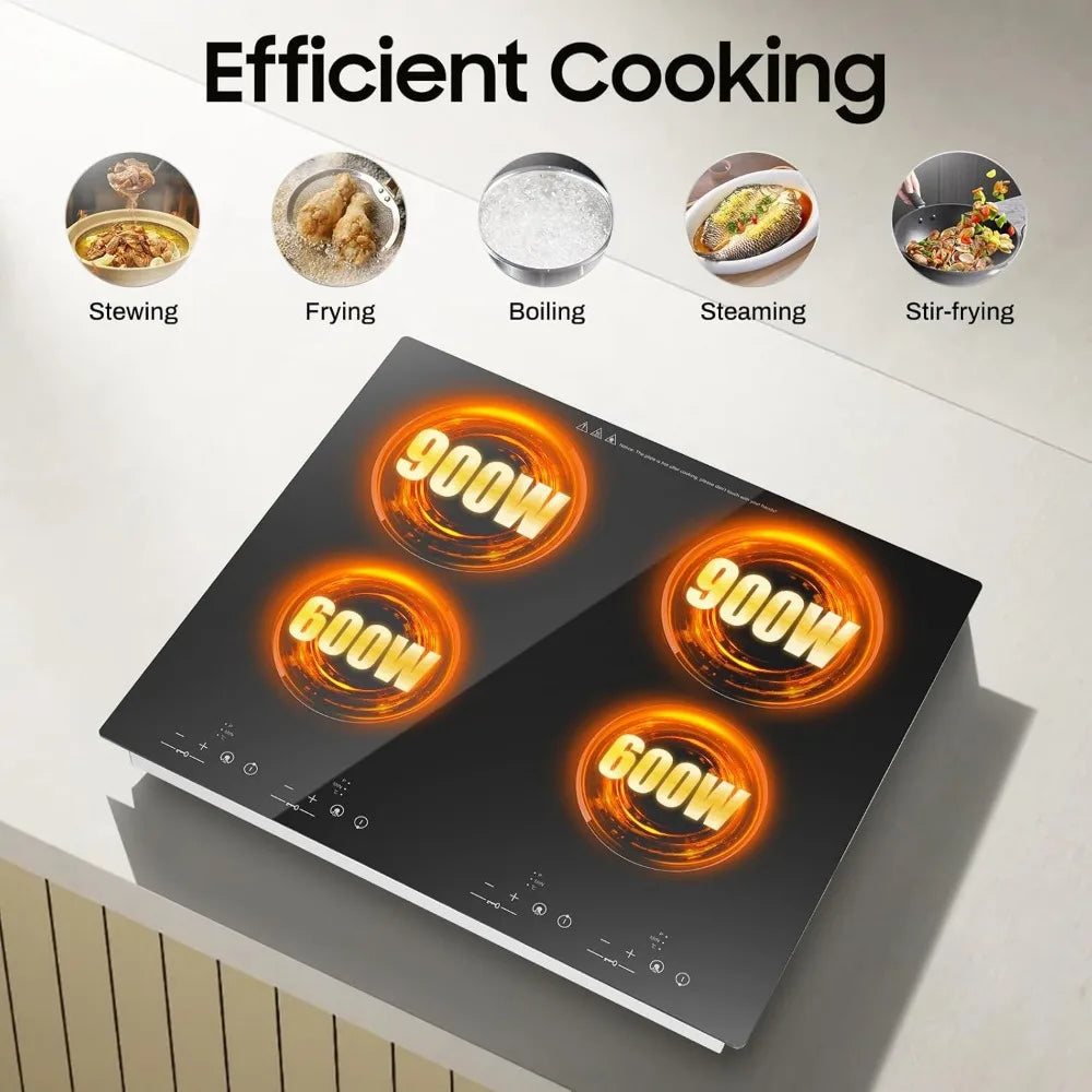 4 Burner Portable Cooktop with LED Display 3000W Electric Ceramic Built in Stove Top with Child Safety Lock and Timer