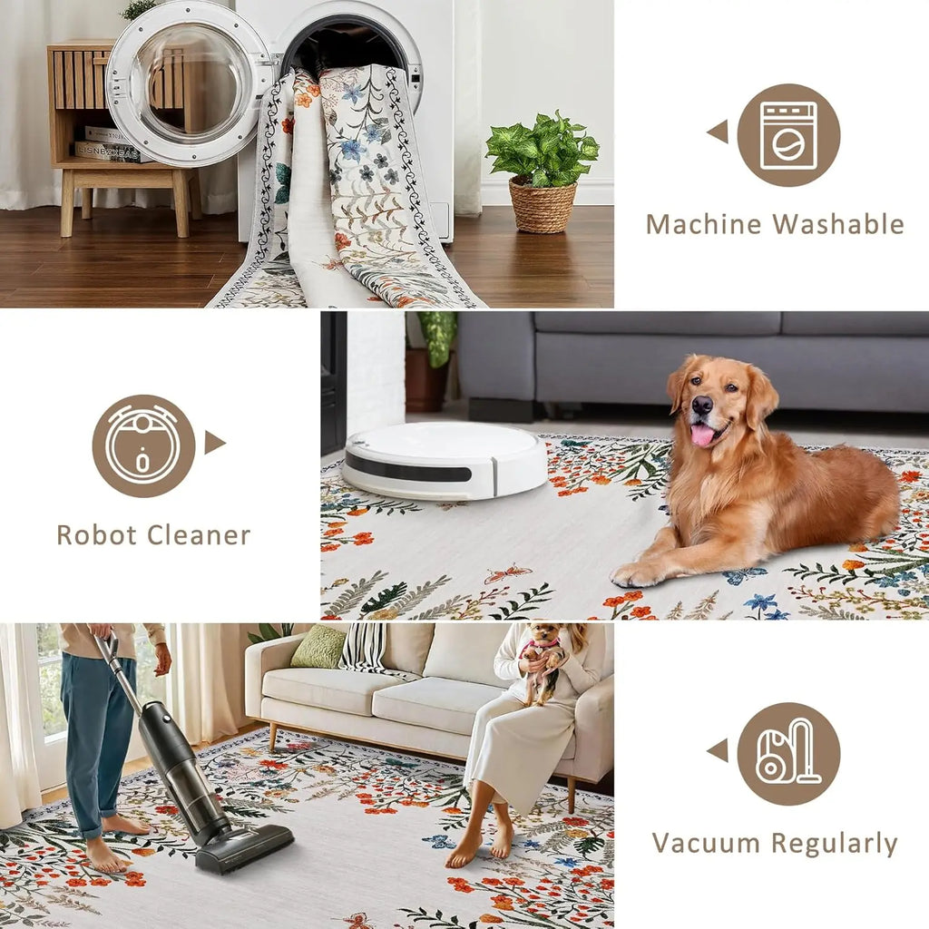 Washable Area Rugs for Living Room or Dining Room, Non-Slip Floral Rugs for Bedroom, Runner Rugs for Hallway.