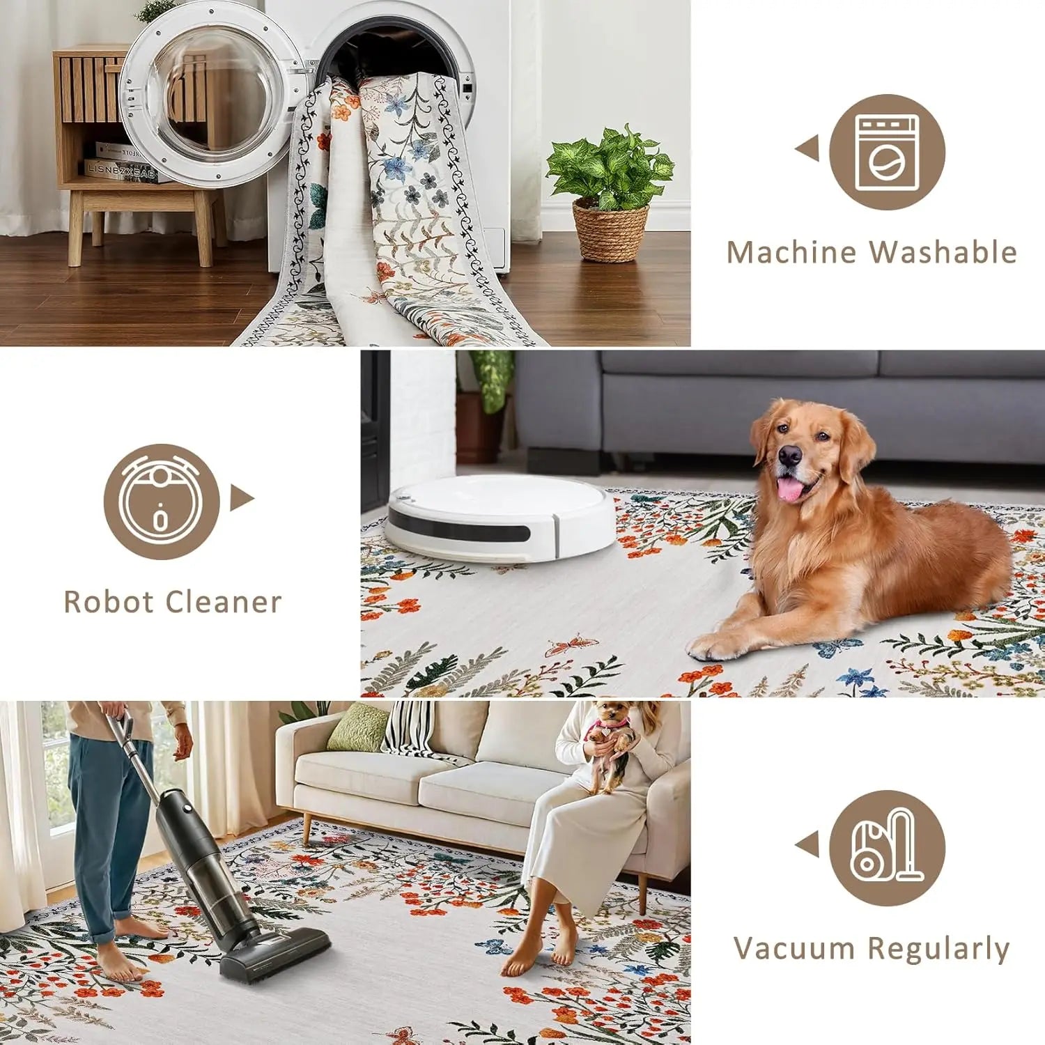 Washable Area Rugs for Living Room or Dining Room, Non-Slip Floral Rugs for Bedroom, Runner Rugs for Hallway.