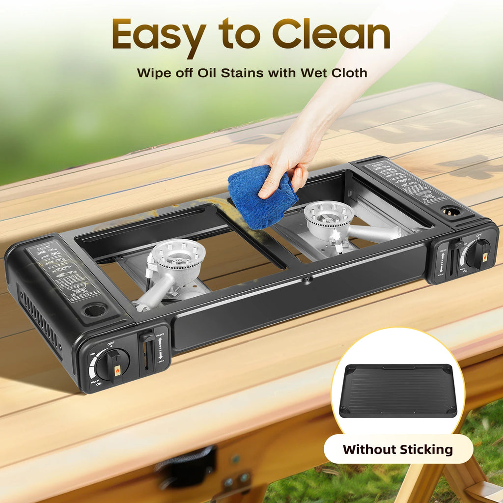 Portable 2in1 2-Burner Camping Stove w/Baking Pan and Carrying Case, Auto Ignition