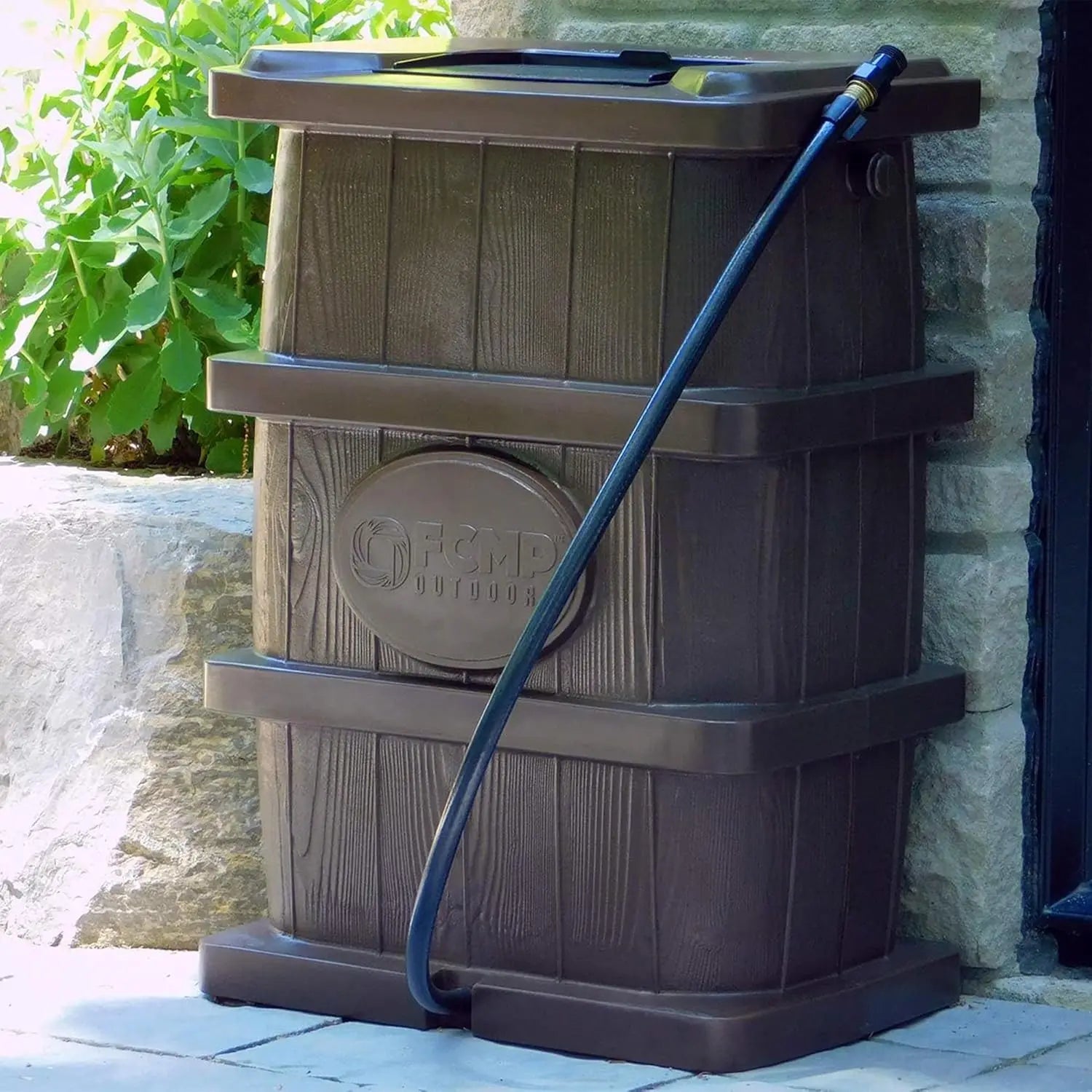Slim Line Design 45-Gallon Wood Grain Outdoor Home Rain Water Catcher Barrel Flat Back Container with Spigots&Mesh Screen, Brown