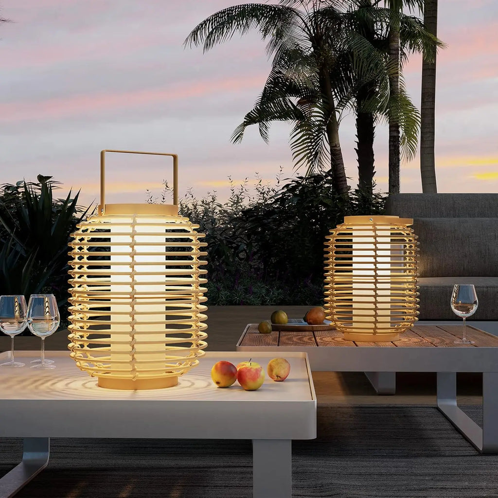 Outdoor Solar Powered Floor Lamp Set of 2, 14-inch Wicker LED Lamp,