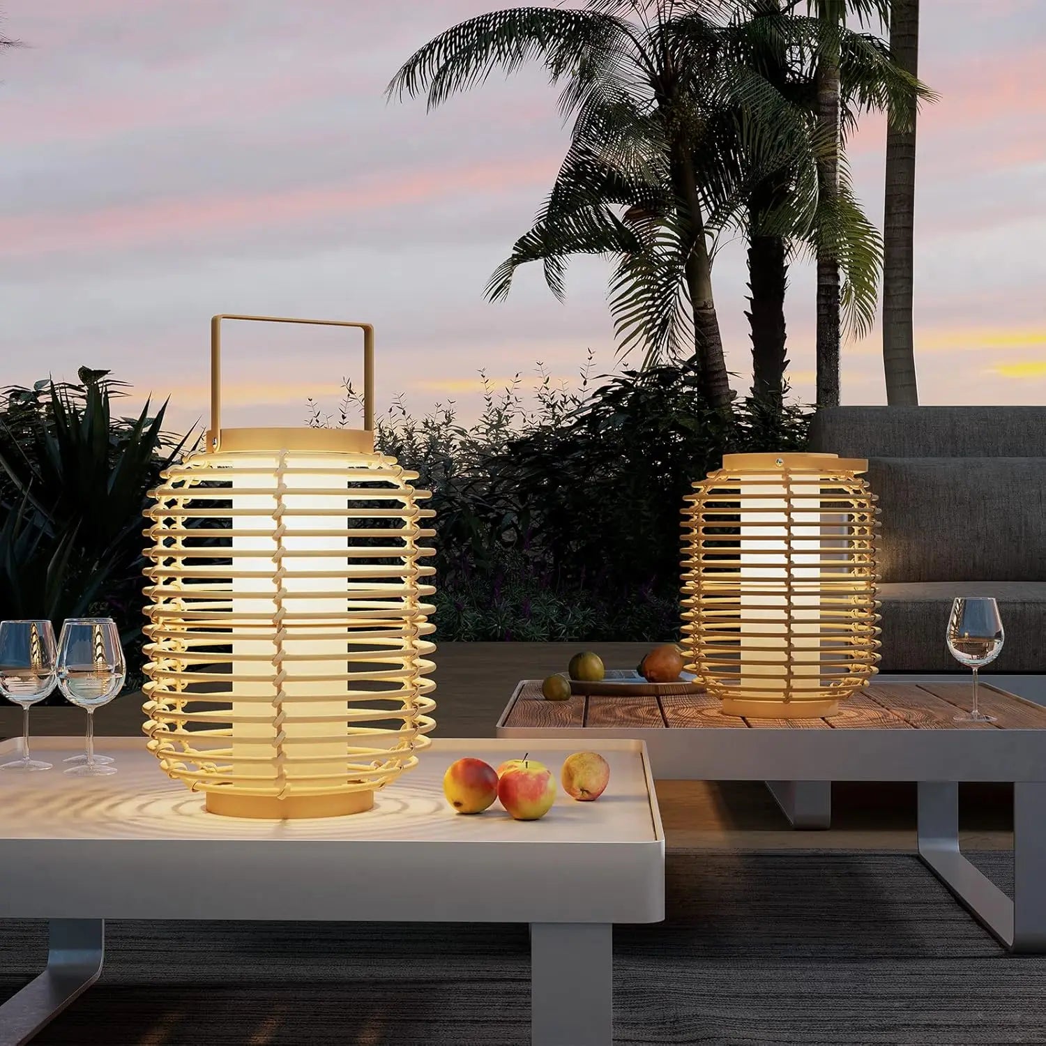 Outdoor Solar Powered Floor Lamp Set of 2, 14-inch Wicker LED Lamp,