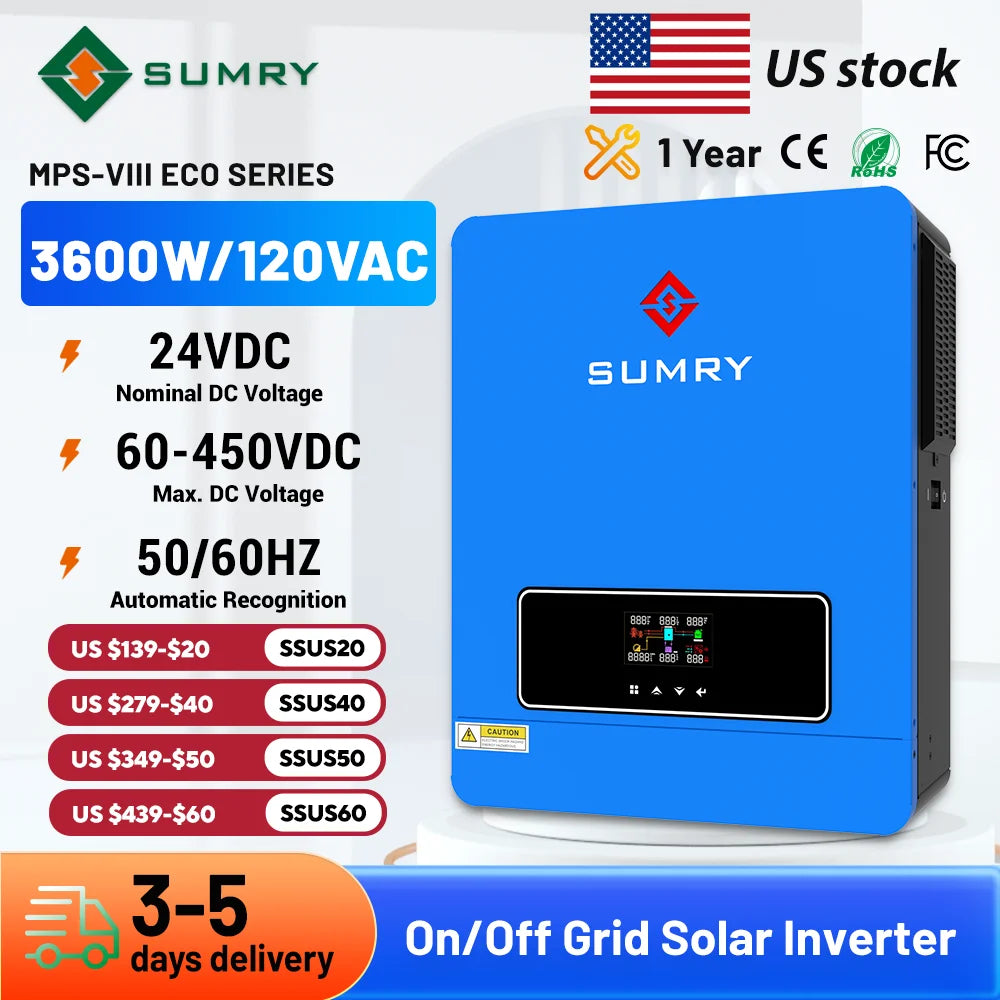 Sumry 3.6kw Hybrid Solar Inverter 110/120v 24v Dual Output with MPPT 120A 60-450v 50/60hz Home Inversor Pure Sine Wave
