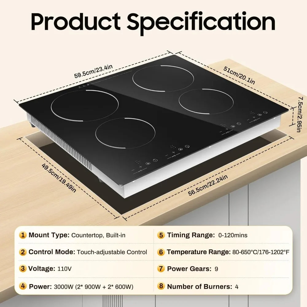 4 Burner Portable Cooktop with LED Display 3000W Electric Ceramic Built in Stove Top with Child Safety Lock and Timer