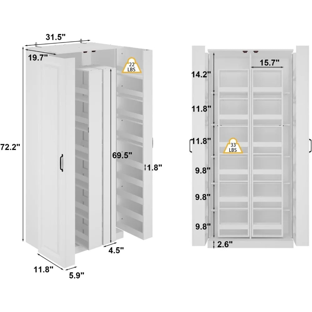 Kitchen Pantry Storage Cabinet with Doors and Shelves, Rotating Racks, Tall Pantry Cabinet Cupboard with Door Racks, White, 19.