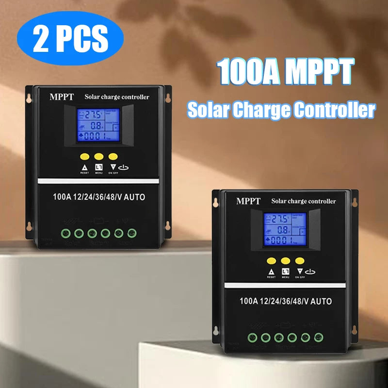 2pcs High Efficiency MPPT100A Solar Charge Controller with LED Display, Dual USB Ports, Suitable for 12V/24V/36V/48V System