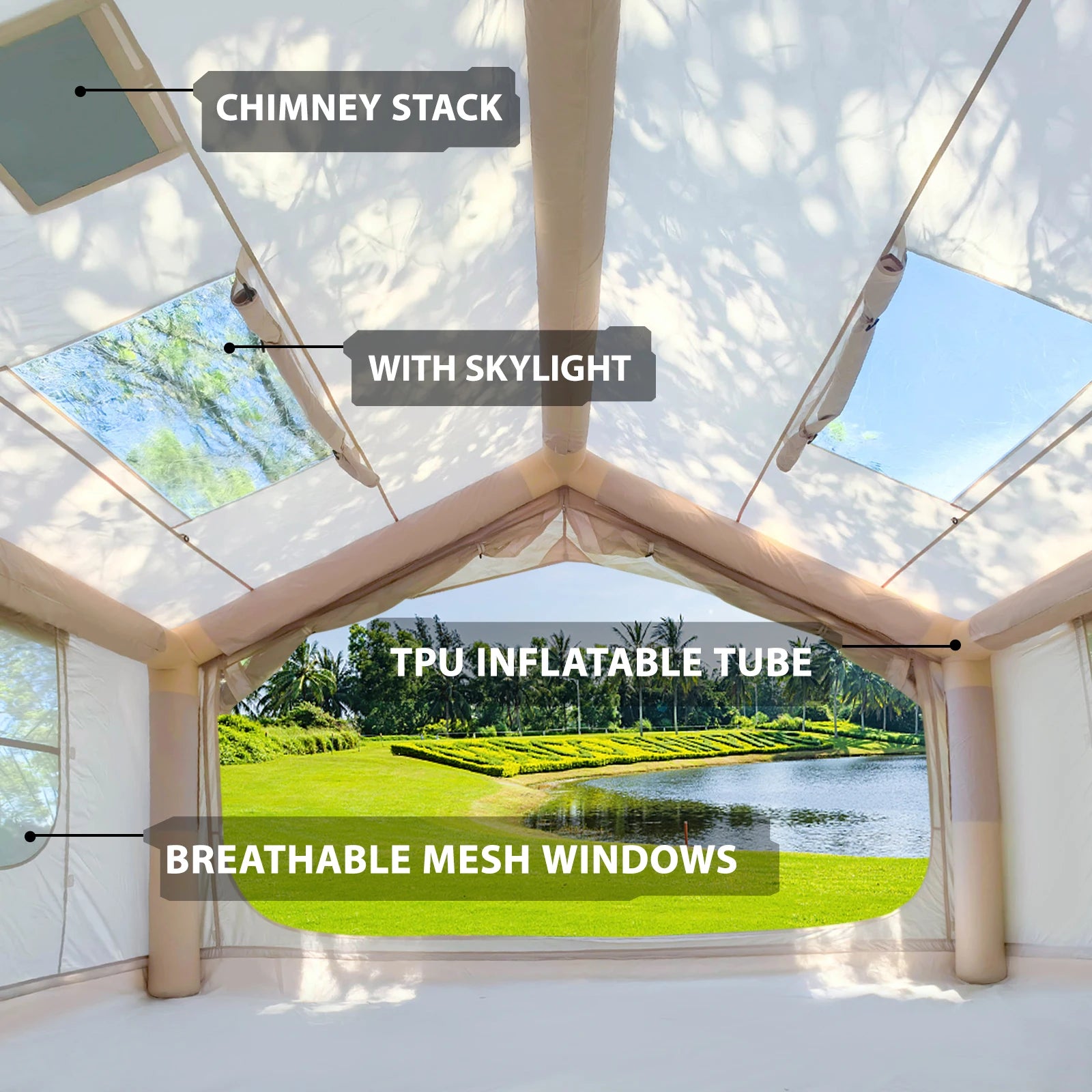75 Square Feet Inflatable Tent with Chimney Stack, Waterproof, Windproof