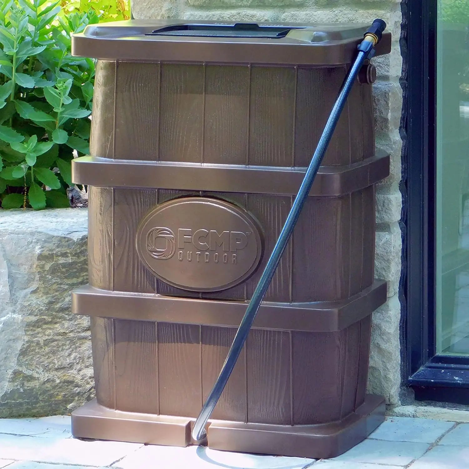 Slim Line Design 45-Gallon Wood Grain Outdoor Home Rain Water Catcher Barrel Flat Back Container with Spigots&Mesh Screen, Brown