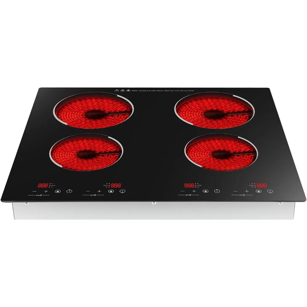 4 Burner Portable Cooktop with LED Display 3000W Electric Ceramic Built in Stove Top with Child Safety Lock and Timer