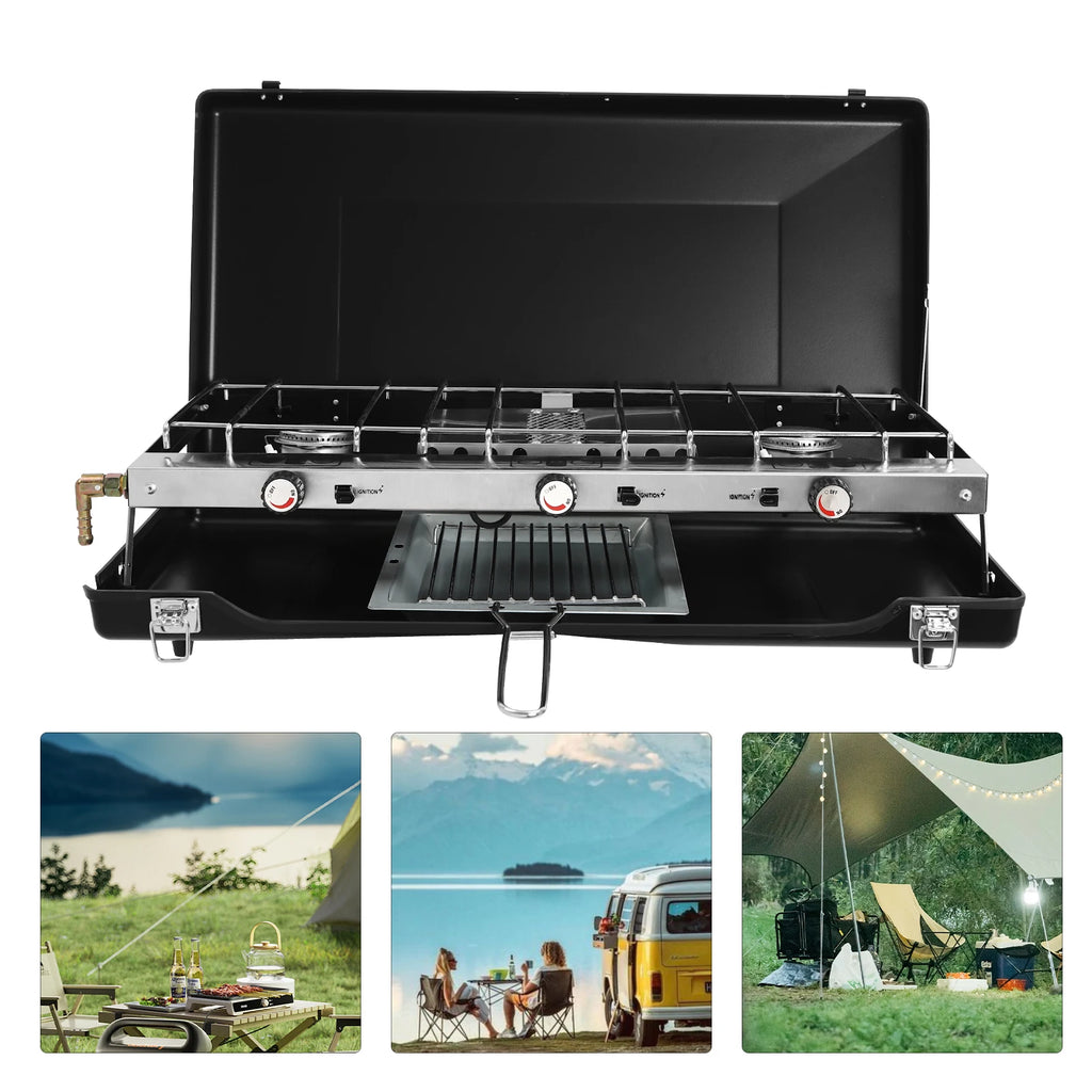 Portable 3 burner Propane Gas Stove with Griddle