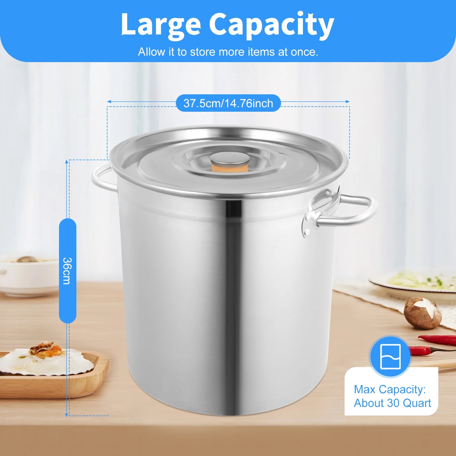 Large Capacity Soup Pot Barrel 35L Stock Pot With Lid Stainless Steel Kitchen Soup Big Cooking Restaurant