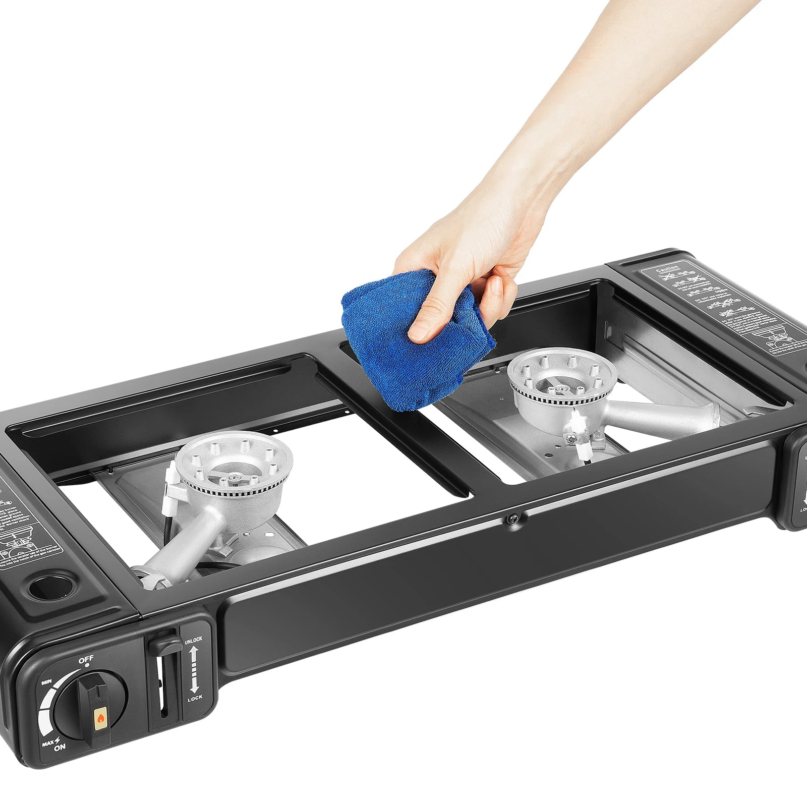 Portable 2in1 2-Burner Camping Stove w/Baking Pan and Carrying Case, Auto Ignition
