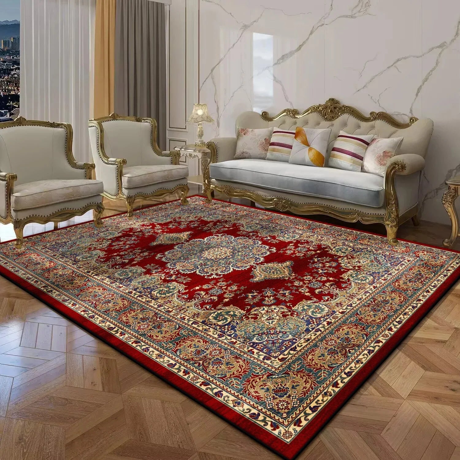 Large Non-Slip Persian Luxury Red Carpet Washable