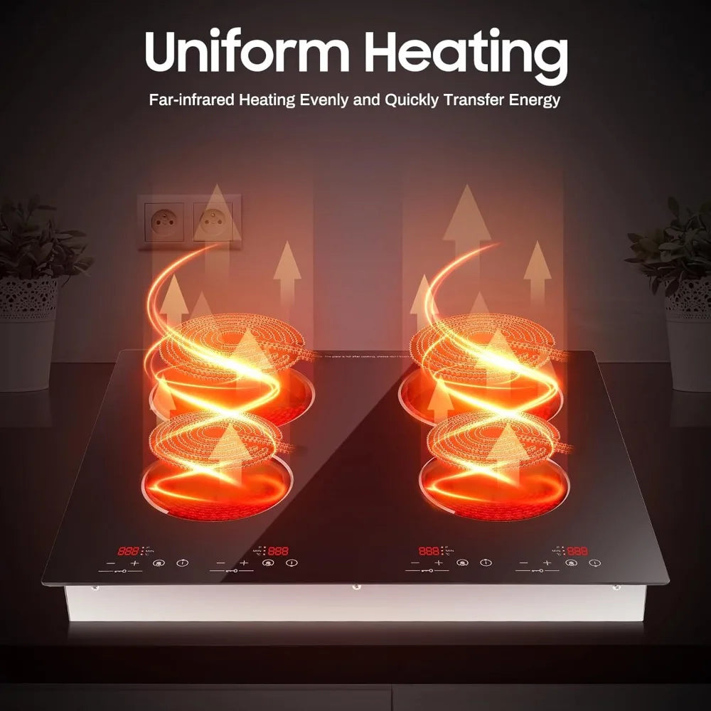 4 Burner Portable Cooktop with LED Display 3000W Electric Ceramic Built in Stove Top with Child Safety Lock and Timer