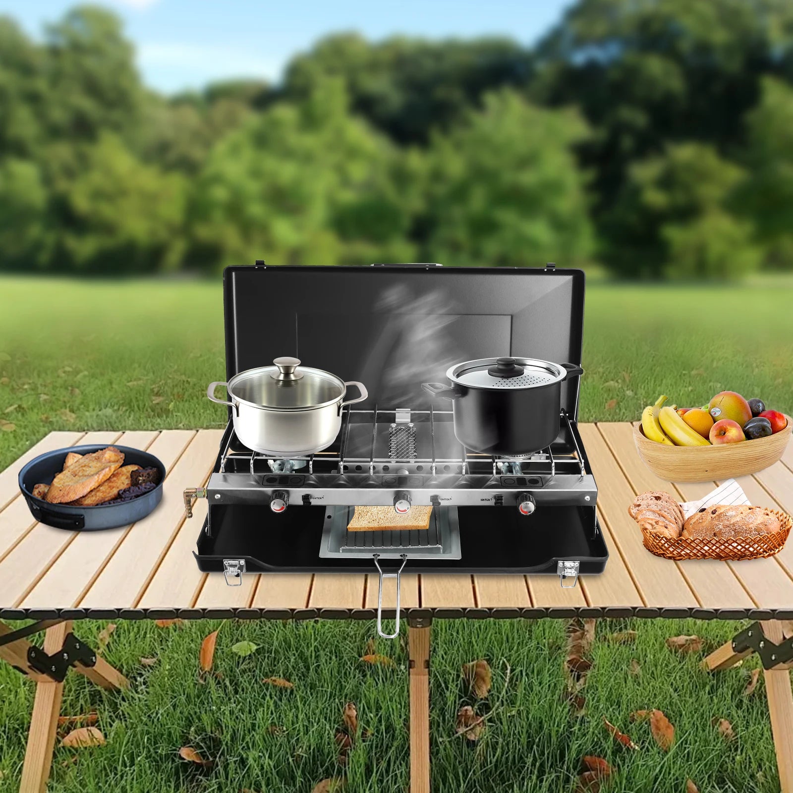 Portable 3 burner Propane Gas Stove with Griddle