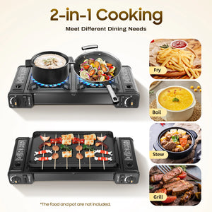 Portable 2in1 2-Burner Camping Stove w/Baking Pan and Carrying Case, Auto Ignition