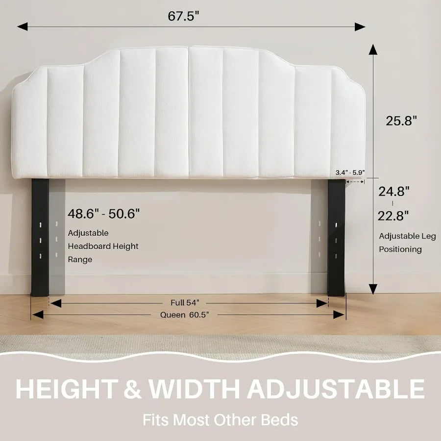 Queen Size White Velvet Upholstered Headboard with Adjustable Height and Width for Modern Bedroom Decor