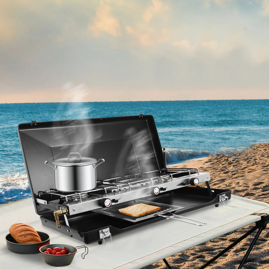 Portable 3 burner Propane Gas Stove with Griddle